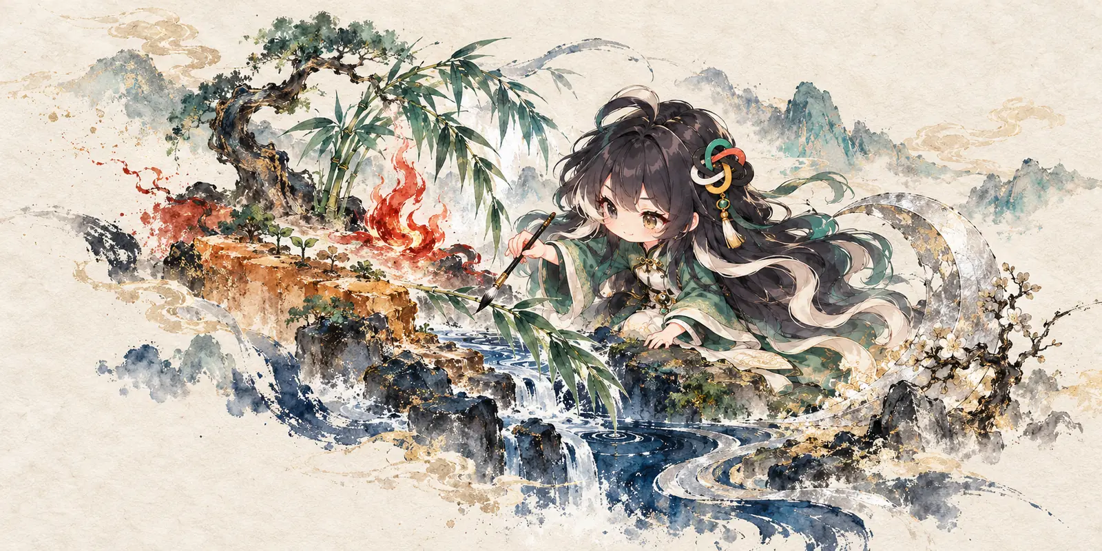 An ink-painted guide explores bamboo, flame, planted earth, a silver form and flowing water in a connected landscape.