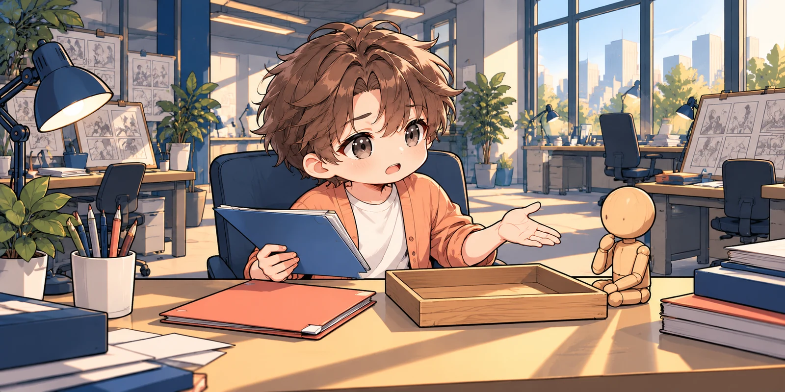 An orange-jacketed character rehearses a work request beside two blank task folders and a small work tray.