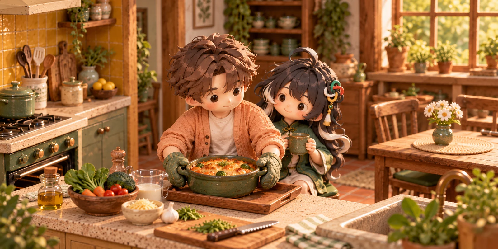Clay characters in a miniature kitchen, with one person independently finishing dinner while the other relaxes with a cup.