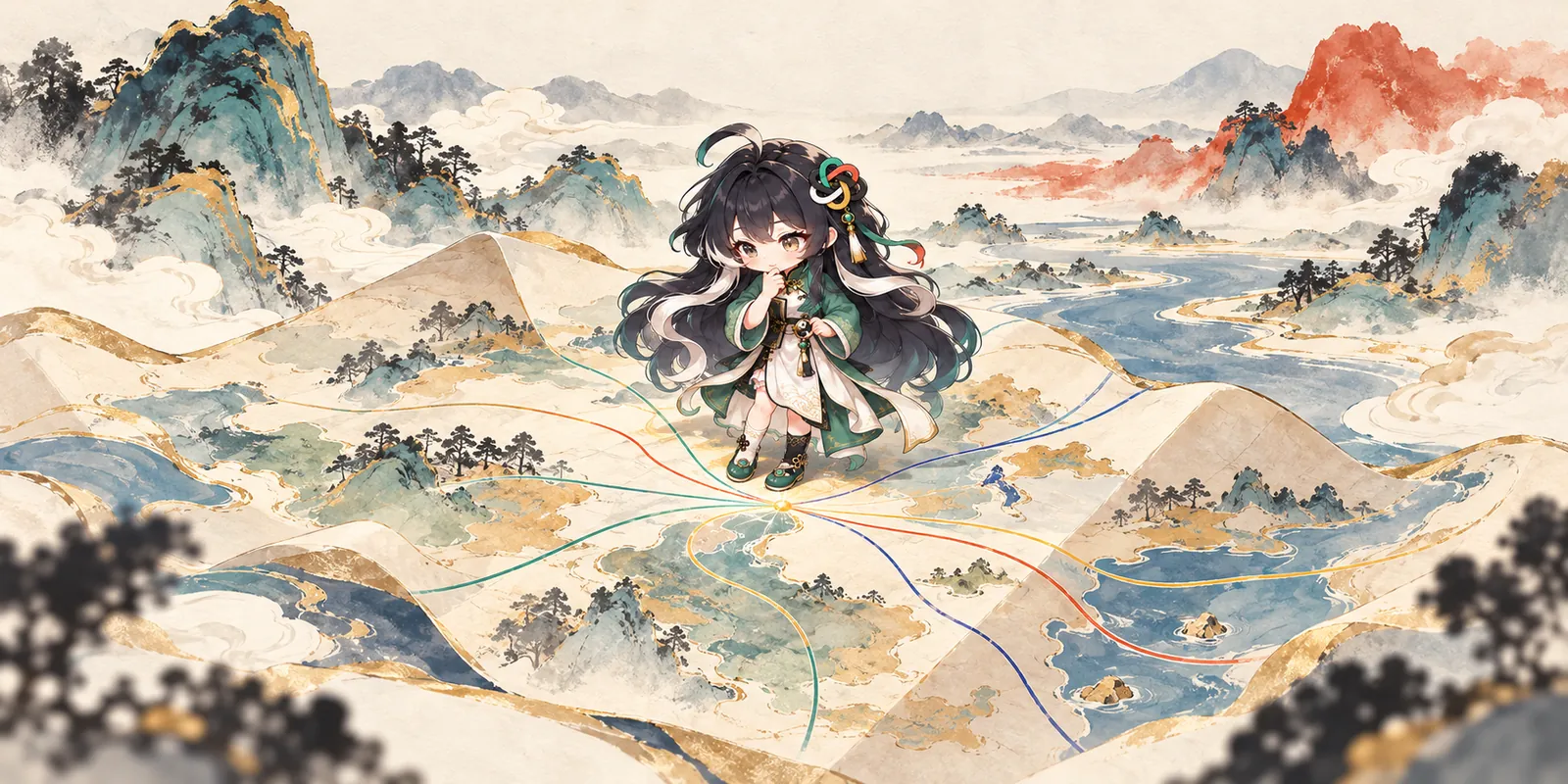 FateWay向导观察水墨山川中交汇的抽象地图线条。