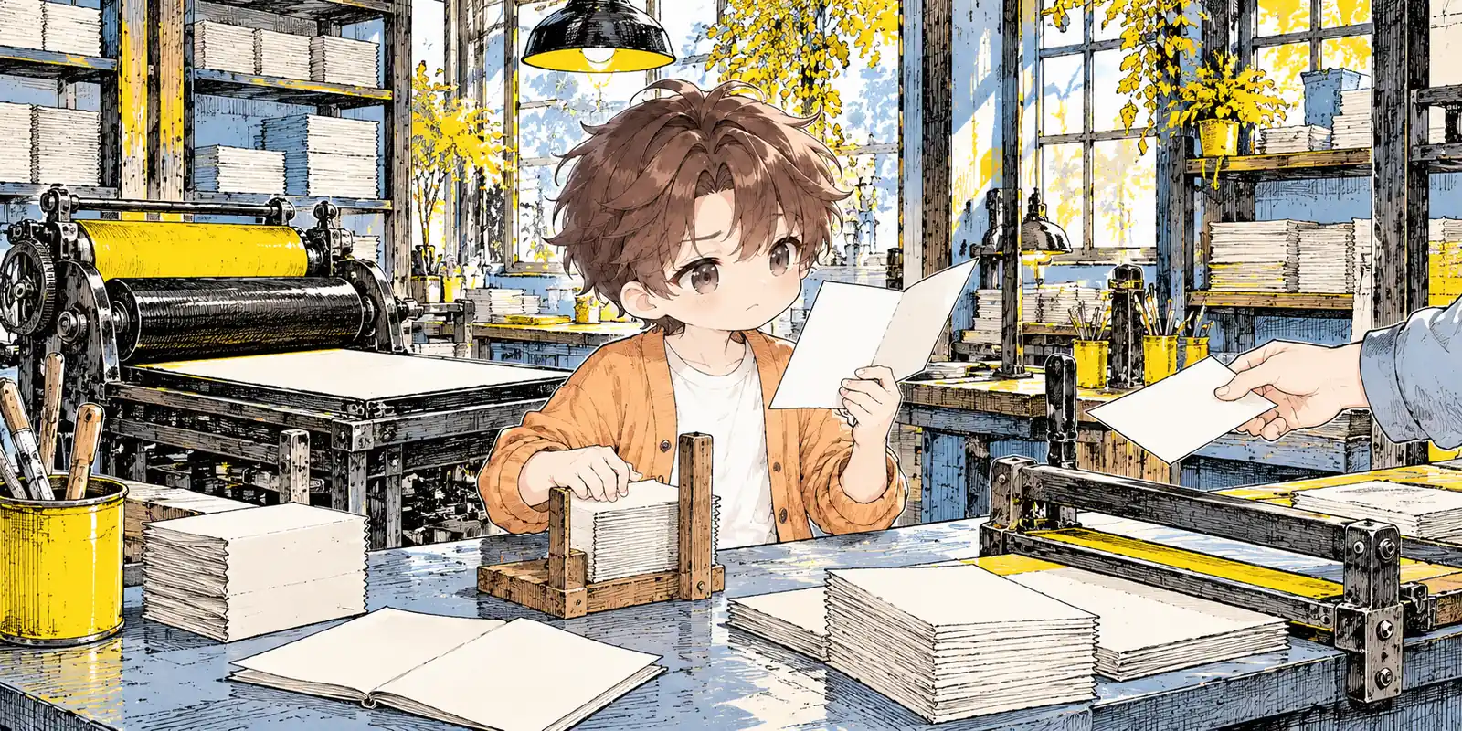 A character examines a folded leaflet and paper capacity gauge at a working print-shop counter.