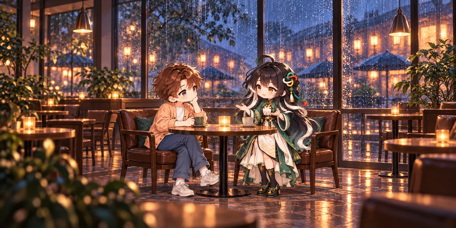 The FateWay characters listen and talk with space between them in a rain-lit cafe.