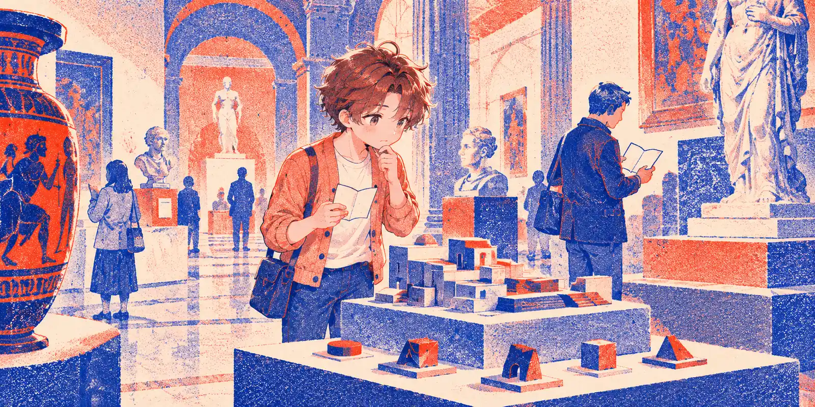 A character studies a museum guide beside a shared model while another visitor uses a guide.