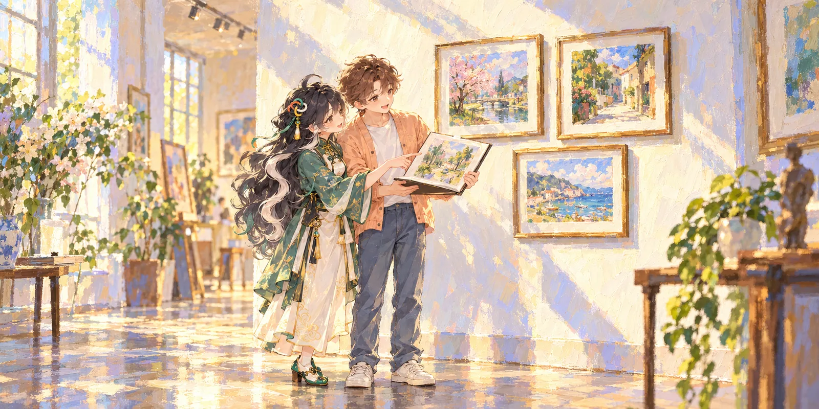 A partner listens with interest as an artist shares selected drawings in a bright impressionist gallery.