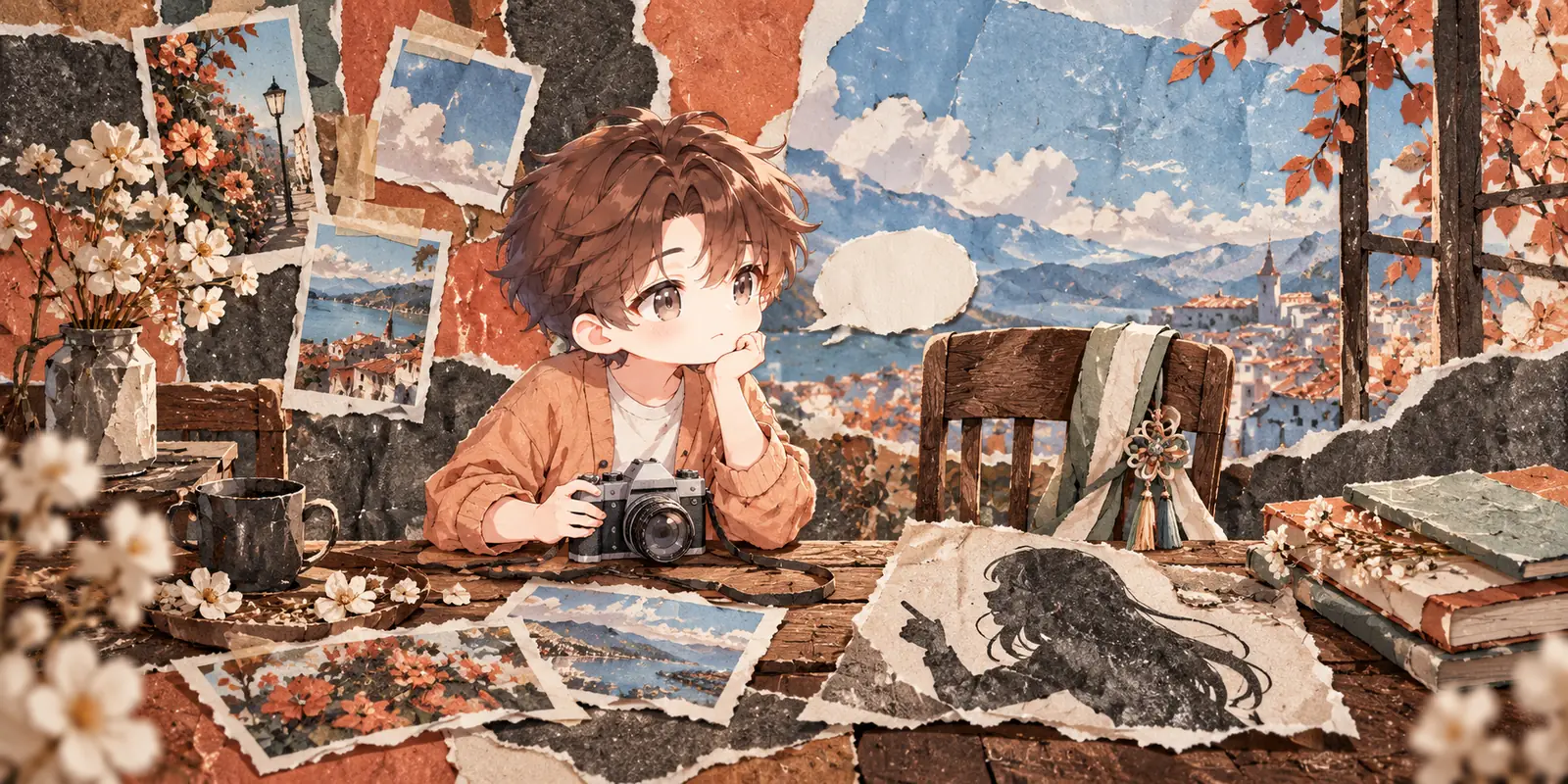 A character holds a camera beside an empty chair and a separate paper silhouette.