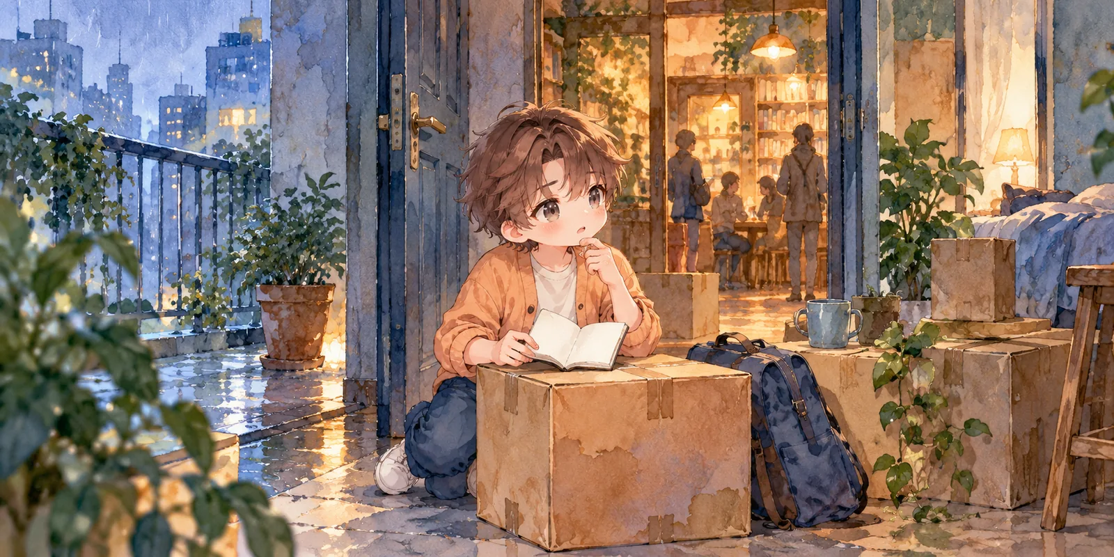 An orange-jacketed character journals on a moving box, with a new-city gathering visible through a doorway.
