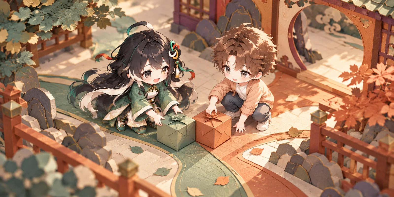 The FateWay characters bring separate paper parcels to a shared courtyard where two paths meet.
