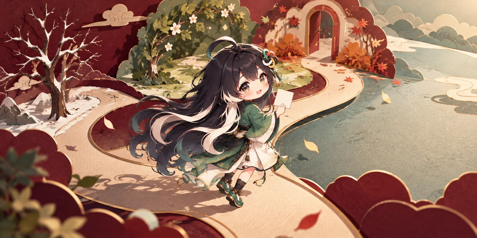 The FateWay guide looks back along a layered paper path through seasons, holding a blank card.
