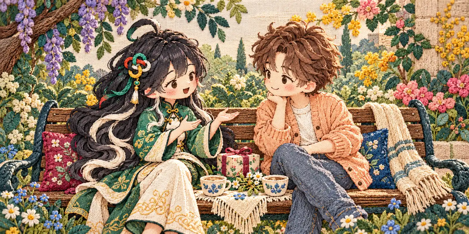 Embroidered partners make time to listen beside an appreciated gift in a colourful stitched garden.