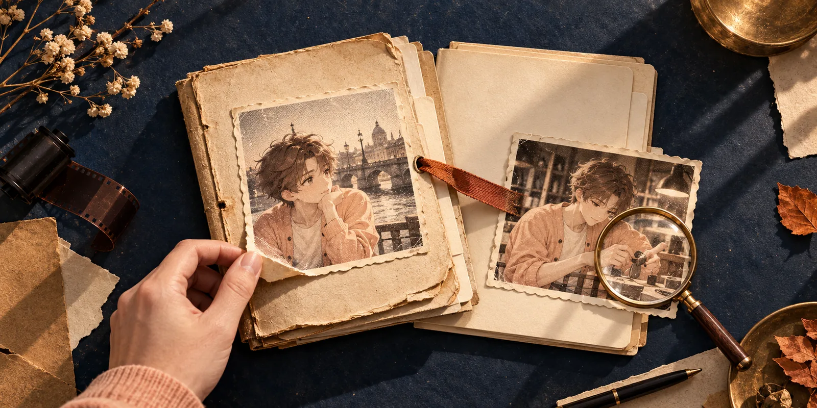 A hand retrieves an earlier worn booklet among layered photographic memories and a newer saved record.