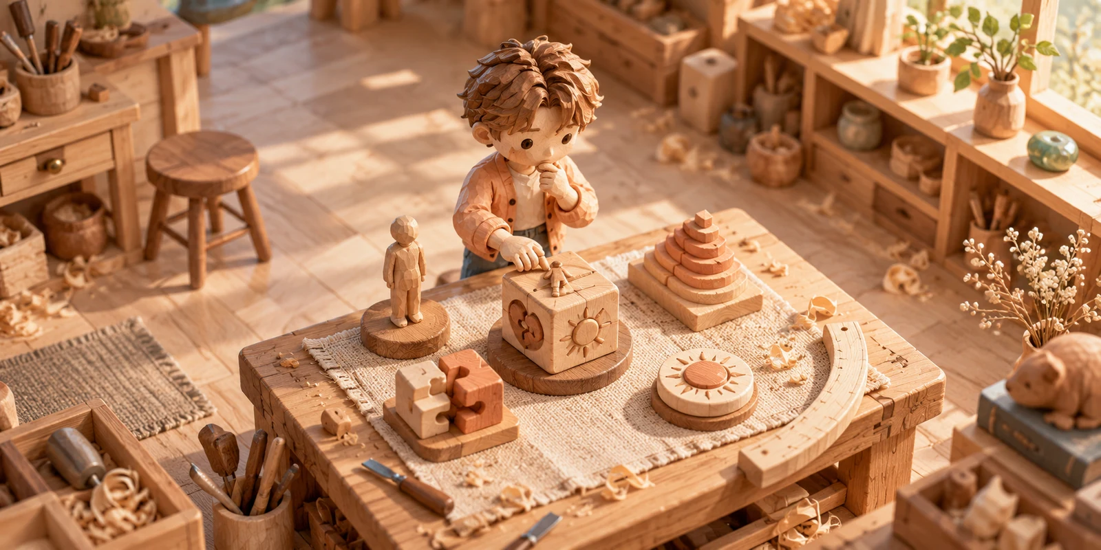 A carved wooden reader considers four different tactile viewing tools on a miniature workshop bench.