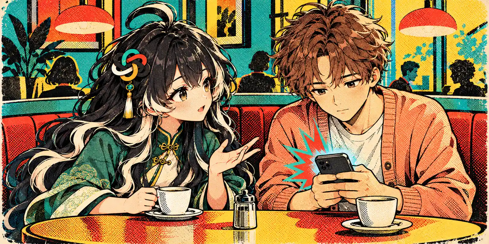 In a pop-art cafe scene, a phone interrupts one person while the other pauses mid-story.