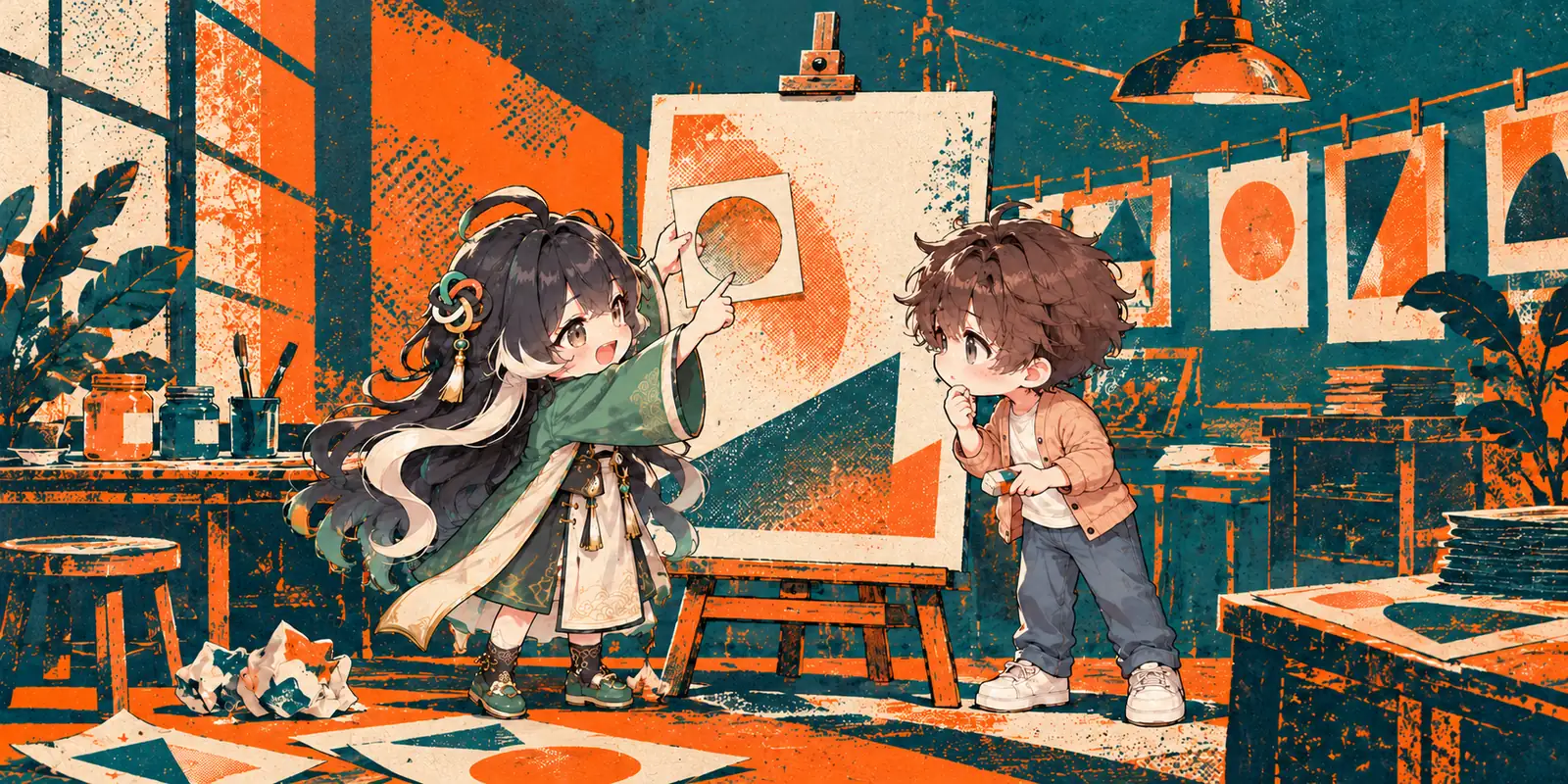 Two characters focus a design critique on one circular area of a blank poster.