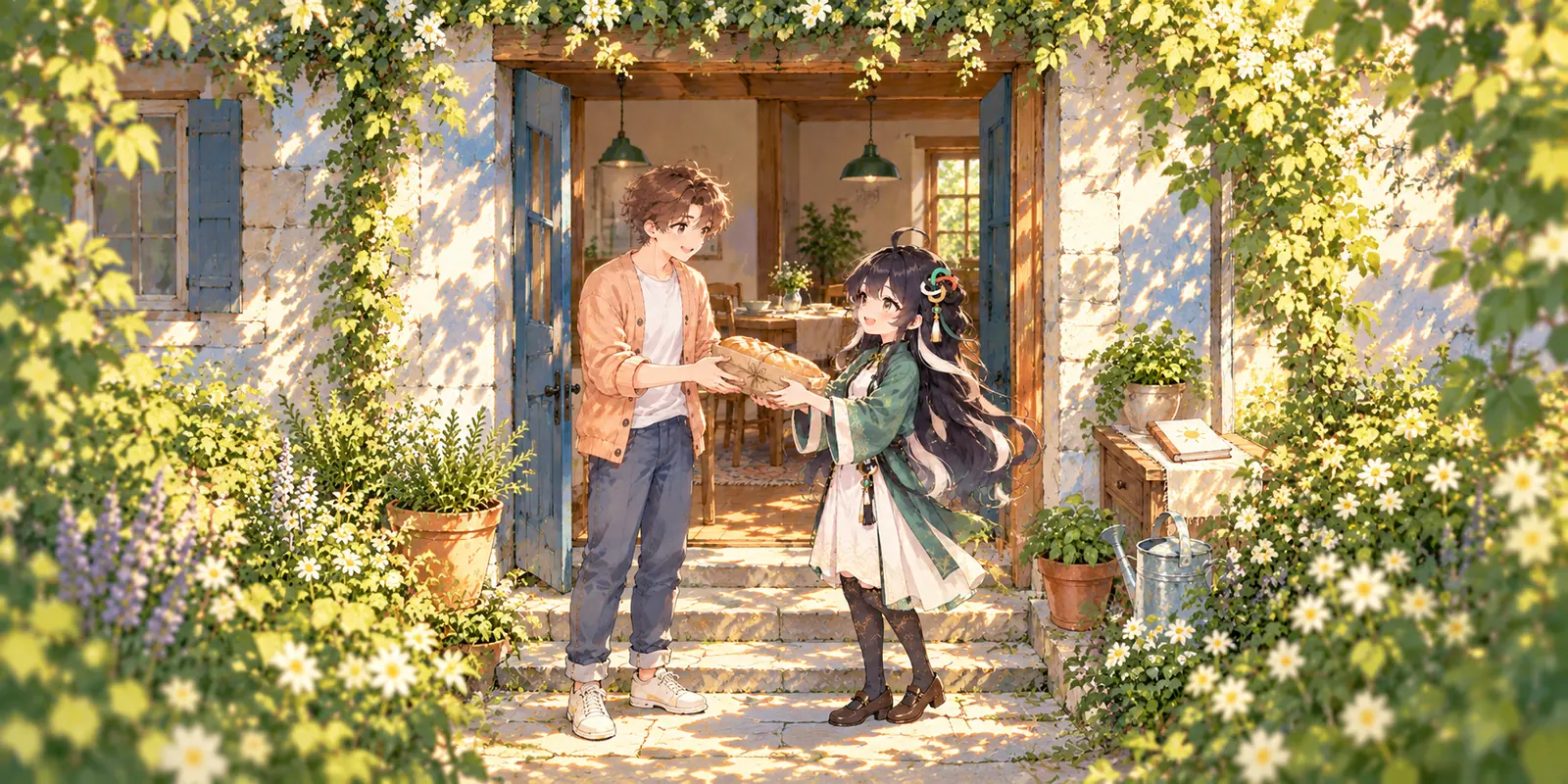 In a sunlit gouache doorway, a guest brings bread after a clear request for practical help.