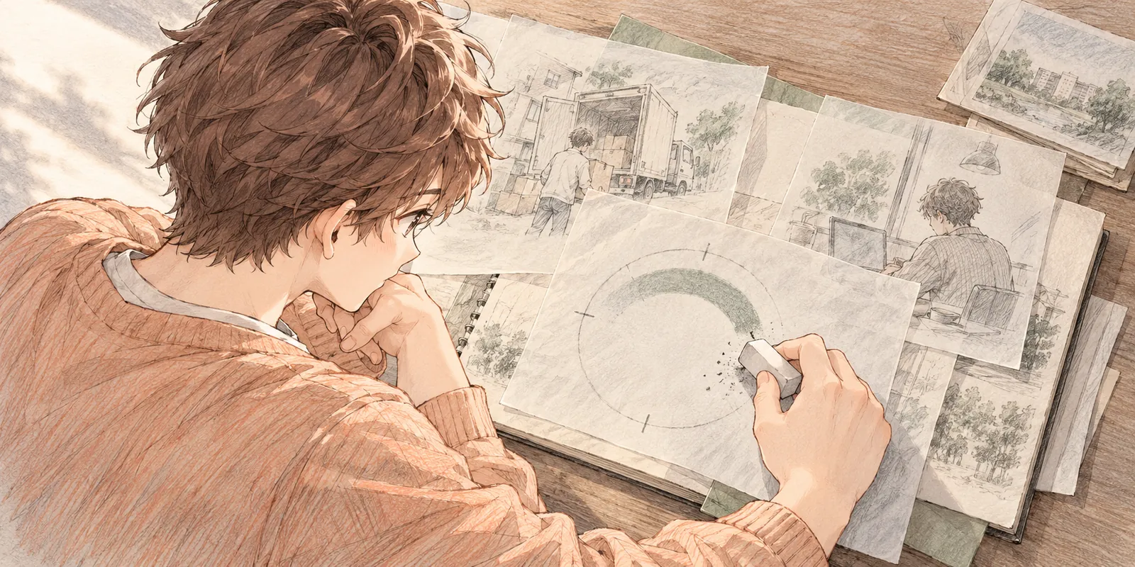 A pencil-drawn reader checks memory fragments and erases an overly precise mark while keeping a shaded interval.