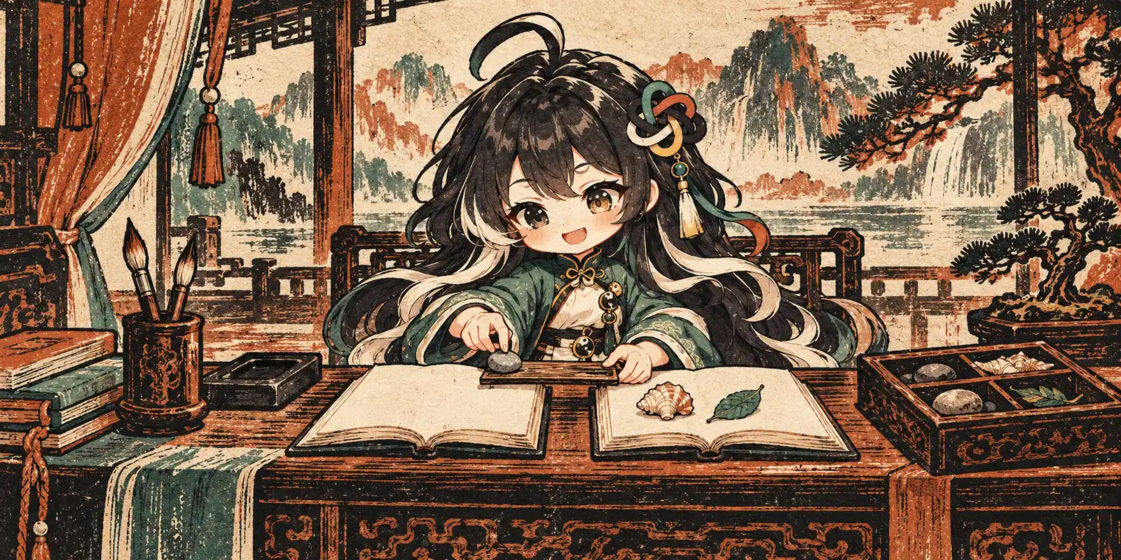 A guide transfers small objects between two blank books on a carved translation bench.