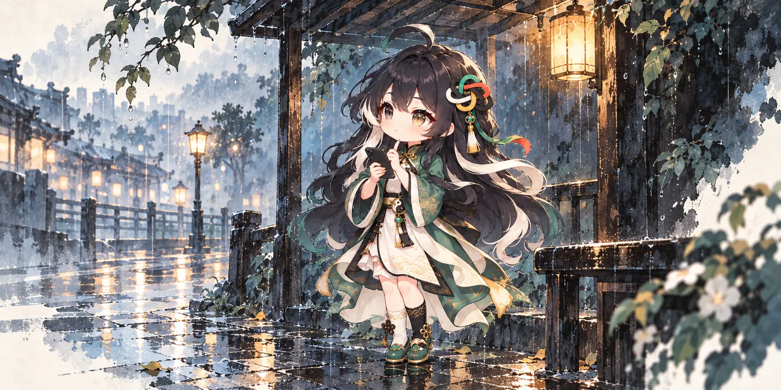FateWay向导在雨后街角拿着手机停下来思考,屏幕没有文字。